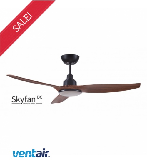 Ventair Skyfan DC Ceiling Fan 52" with Remote Control & Dimmable CCT Tri Colour LED Light - Black & Teak